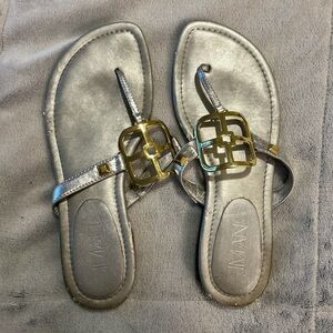 IMAN Elegant Silver Leather Sandals with Gold Buckles